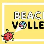 Napis Beach Volley z kolorową piłką zamiast litery O oraz czerwona i niebieska żółwie na żółtym tle