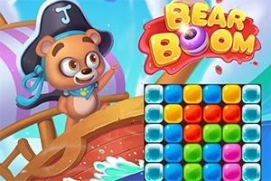 Pluszowy miś ubrany w piracki kapelusz na statku z kolorowymi blokami na planszy