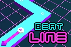Turkusowa zakrzywiona ścieżka na fioletowej siatce z neonowym napisem Beat Line