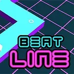 Turkusowa zakrzywiona ścieżka na fioletowej siatce z neonowym napisem Beat Line