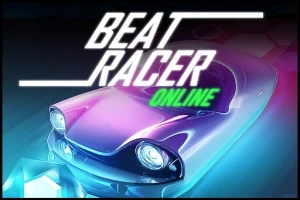 Futurystyczny samochód oświetlony neonowymi światłami z dużym napisem Beat Racer Online nad nim