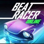Futurystyczny samochód oświetlony neonowymi światłami z dużym napisem Beat Racer Online nad nim