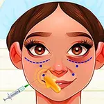 Dziewczynka z brunatnymi włosami w czepku lekarskim z narysowanymi na twarzy niebieskimi liniami do zabiegu kosmetycznego i strzykawką obok jej policzka