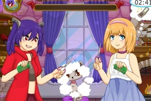 Dwie postacie anime stylizujące psa w salonie fryzjerskim z oknem w tle