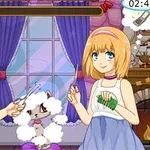 Dwie postacie anime stylizujące psa w salonie fryzjerskim z oknem w tle