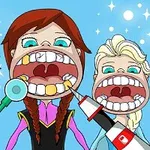 Trzy postacie z szerokimi uśmiechami, pokazywujące zęby, z narzędziami dentystycznymi w tle na niebieskim tle z gwiazdkami