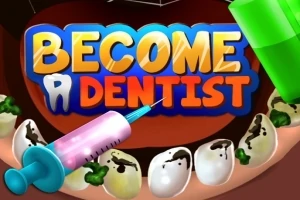 Kolorowy napis Become a Dentist, strzykawka i zielony pędzelek na tle zębów z próchnicą w jamie ustnej
