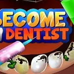 Kolorowy napis Become a Dentist, strzykawka i zielony pędzelek na tle zębów z próchnicą w jamie ustnej