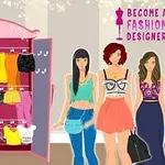 Trzy postacie kobiece stoją obok otwartej szafy z kolorowymi ubraniami, obok napis Become a Fashion Designer