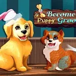 Dwa urocze szczeniaki siedzą na jasnym tle, jeden z wyrazem radości i prysznicem nad głową, drugi z suszarką skierowaną na futro, na tle tabliczki z narzędziami do pielęgnacji