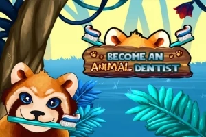 Czerwony panda trzymająca szczoteczkę do zębów, z napisem Become an Animal Dentist na tle lasu