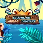 Czerwony panda trzymająca szczoteczkę do zębów, z napisem Become an Animal Dentist na tle lasu