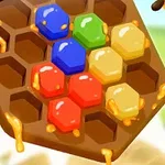 Plaster miodu z kolorowymi sześciokątnymi klockami i ściekającym miodem