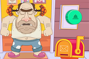 Animowana postać mężczyzny z wąsami i gniewnym wyrazem twarzy, stojąca przed wejściem, obok dużego zielonego guzika i czerwonej skrzynki na listy