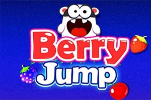 Kolorowe logo z napisem Berry Jump na niebieskim tle, z rysunkowymi owocami i postacią z dużymi oczami na górze