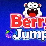 Kolorowe logo z napisem Berry Jump na niebieskim tle, z rysunkowymi owocami i postacią z dużymi oczami na górze