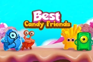 Kolorowe, animowane postacie o różnych kształtach na tle pastelowego krajobrazu z napisem Best Candy Friends