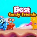 Kolorowe, animowane postacie o różnych kształtach na tle pastelowego krajobrazu z napisem Best Candy Friends