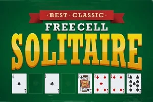 Napis BEST CLASSIC FREECELL SOLITAIRE na zielonym tle z kartami do gry poniżej