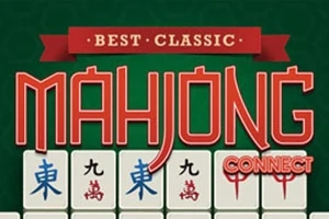 Czerwony napis MAHJONG CONNECT na zielonym tle z kafelkami z chińskimi znakami i napisem BEST CLASSIC na czerwonej wstążce