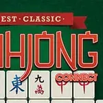 Czerwony napis MAHJONG CONNECT na zielonym tle z kafelkami z chińskimi znakami i napisem BEST CLASSIC na czerwonej wstążce