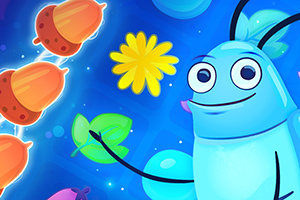 Niebieski animowany robak trzyma liść, obok żółty kwiat i rząd żołędzi na niebieskim tle