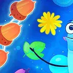 Niebieski animowany robak trzyma liść, obok żółty kwiat i rząd żołędzi na niebieskim tle