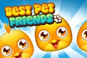 Trzy radosne, żółte pisklęta z dużymi oczami na niebieskim tle, z napisem Best Pet Friends na górze