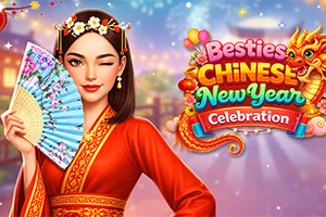Młoda kobieta w czerwonym tradycyjnym stroju z kwiatową ozdobą we włosach trzyma wachlarz, obok kolorowy napis „Besties Chinese New Year Celebration i złoty smok na tle rozmytych świateł
