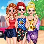 Trzy animowane postacie kobiece w letnich strojach stojące przed różowym vanem na tle plaży i palm