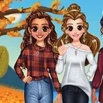 Trzy uśmiechnięte postacie w jesiennych strojach stojące na tle drzewa z żółtymi liśćmi