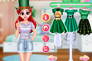 Dziewczyna z czerwonymi włosami nosi zielony kapelusz i stojąca obok wybiera zielone sukienki z wieszaka w pokoju