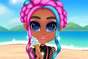 Dziewczyna z różowo-niebieskimi warkoczami trzymająca lody na plaży z morzem w tle