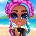 Dziewczyna z różowo-niebieskimi warkoczami trzymająca lody na plaży z morzem w tle