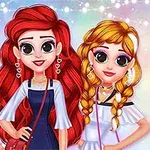 Trzy animowane postacie kobiece o dużych oczach i kolorowych włosach na tle gwiaździstego nieba