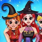 Trzy uśmiechnięte postacie w czapkach czarownic na niebieskim tle pełnym gwiazd