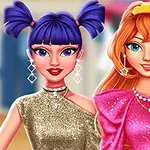 Dwie animowane postacie kobiece w błyszczących sukienkach i biżuterii, na rozmytym tle