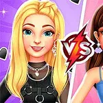 Dwie kobiety z uśmiechami, jedna z blond włosami w czarnym stroju po lewej stronie, druga z brązowymi włosami w niebieskiej sukience po prawej, z symbolem VS między nimi