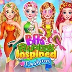 Postacie ubrane w modę inspirowaną kwiatami, z kwiatowymi dodatkami i kolorowymi sukienkami, na tle napisu BFFs Flowers Inspired Fashion