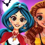 Dwie uśmiechnięte postacie w halloweenowych strojach z akcesoriami dyniowymi i fioletowym tłem z nietoperzami