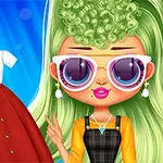 Postać z zielonymi włosami i okrągłymi okularami przeciwsłonecznymi pozuje w kolorowej stylizacji z modnymi ubraniami w tle