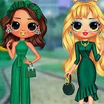 Dwie stylizowane postacie w zielonych sukienkach stoją na tle ogrodu