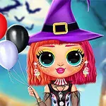 Dziewczynka z dużymi oczami w kapeluszu czarownicy trzymająca balony, stojąca na tle nocnego krajobrazu z dynią i nietoperzami