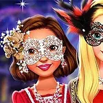 Dwie kobiety w ozdobnych maskach karnawałowych i biżuterii na tle rozmytego, kolorowego tła