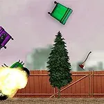 Goryl trzymający fioletowe krzesło, wybuchający pojazd, zielone krzesło w powietrzu, choinka i siekiera