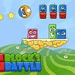 Armatka wystrzeliwująca kulkę z twarzą w kierunku kolorowych bloków na platformie, na tle krajobrazu z trawą i chmurami, z trzema gwiazdkami w powietrzu