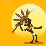 Postać z ciemną skórą trzymająca włócznię, z pióropuszem na głowie, na tle żółtego słońca