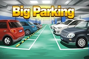 Ilustracja przedstawiająca kolorowy parking podziemny z zaparkowanymi samochodami i dużym napisem Big Parking