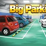 Ilustracja przedstawiająca kolorowy parking podziemny z zaparkowanymi samochodami i dużym napisem Big Parking
