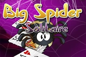 Czarny pająk trzymający karty do gry na tle fioletowej pajęczyny z napisem Big Spider Solitaire